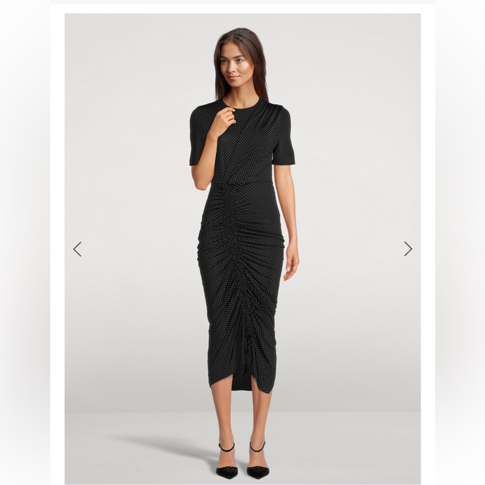 Akris Punto Ruched Midi Dress Pin Dot Print Stretchy Wedding Guest Party Size 10